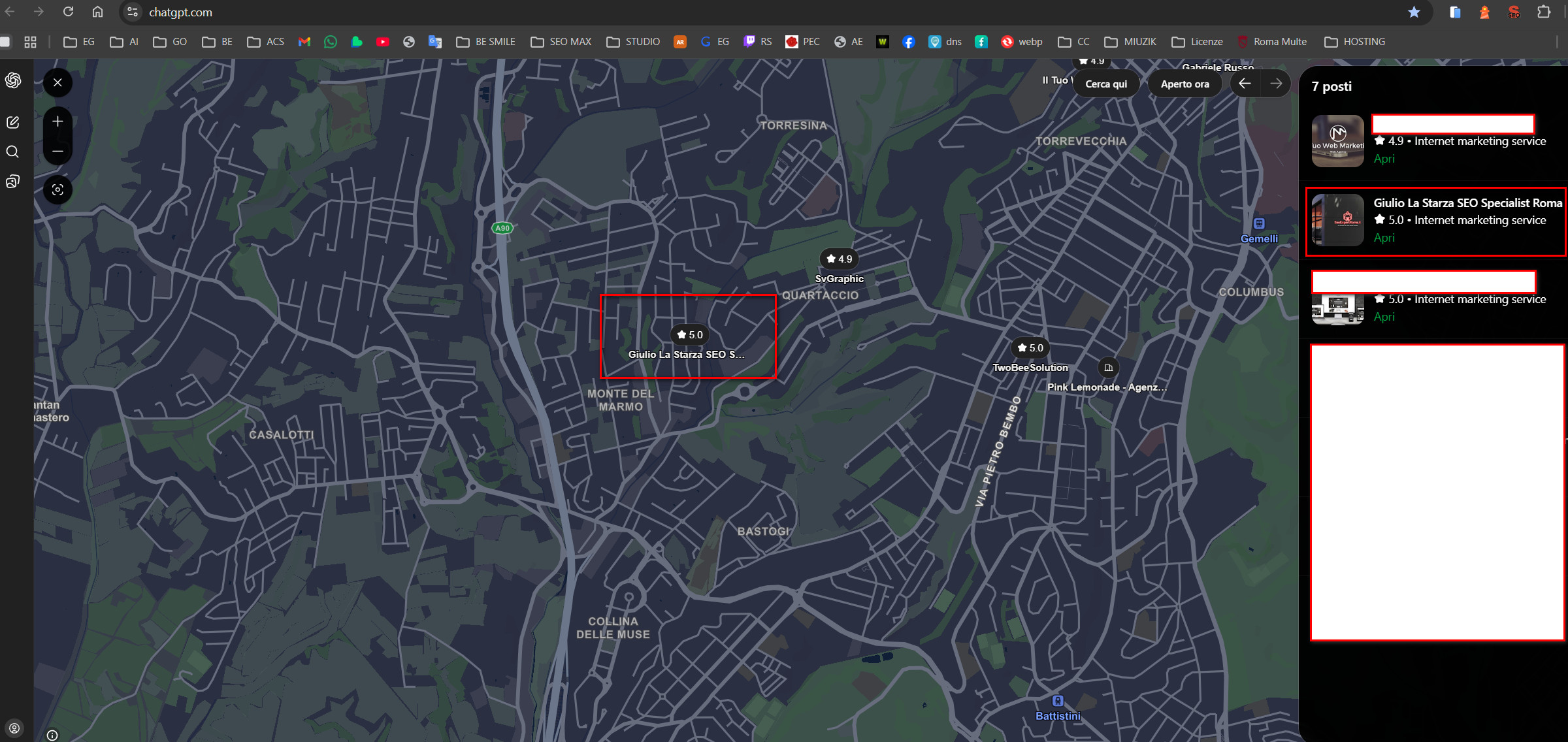 ChatGPT mostra Giulio La Starza sulla mappa dei consulenti SEO Roma — chat in incognito, aprile 2026