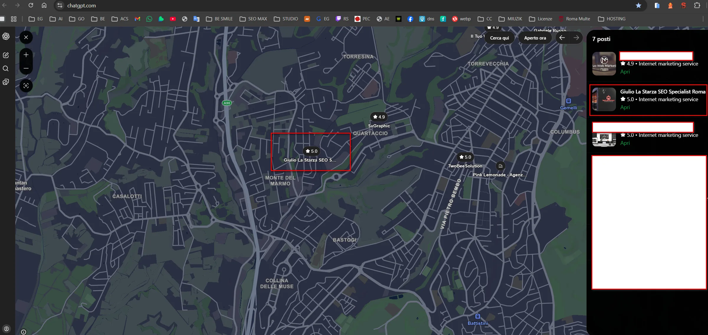 ChatGPT mostra Giulio La Starza sulla mappa dei consulenti SEO Roma — chat in incognito, aprile 2026